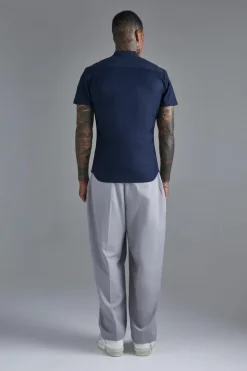 New boohooMAN Short Sleeve Grandad Stretch Shirt navy