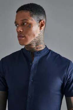 New boohooMAN Short Sleeve Grandad Stretch Shirt navy