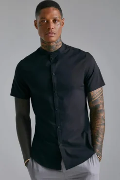 New boohooMAN Short Sleeve Grandad Stretch Fit Shirt black