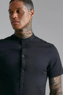 New boohooMAN Short Sleeve Grandad Stretch Fit Shirt black