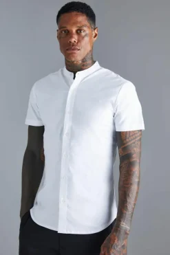 Cheap boohooMAN Short Sleeve Grandad Stretch Fit Shirt white