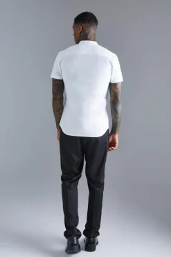 Cheap boohooMAN Short Sleeve Grandad Stretch Fit Shirt white