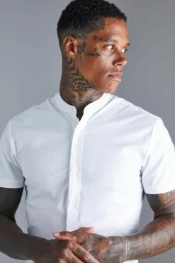 Cheap boohooMAN Short Sleeve Grandad Stretch Fit Shirt white
