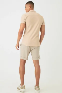 Best Sale boohooMAN Short Sleeve Honeycomb Muscle Fit Shirt stone