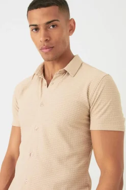 Best Sale boohooMAN Short Sleeve Honeycomb Muscle Fit Shirt stone