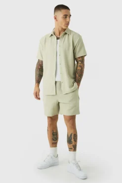 Hot boohooMAN Short Sleeve Jersey Herringbone Shirt And Short Set stone