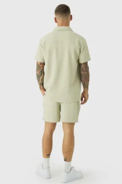 Hot boohooMAN Short Sleeve Jersey Herringbone Shirt And Short Set stone