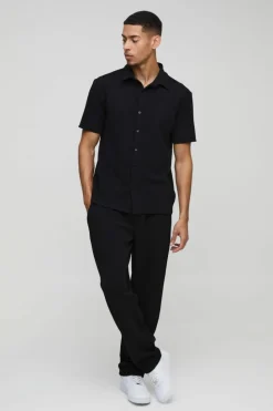 Online boohooMAN Short Sleeve Jersey Herringbone Shirt And Trouser Set black