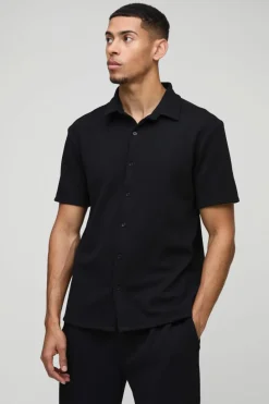 Online boohooMAN Short Sleeve Jersey Herringbone Shirt And Trouser Set black