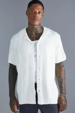Flash Sale boohooMAN Short Sleeve Knitted Pleated Revere Shirt ecru