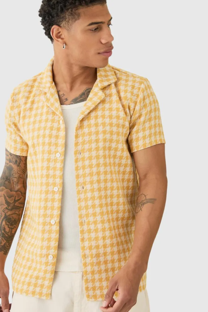 Sale boohooMAN Short Sleeve Linen Look Houndstooth Shirt mustard