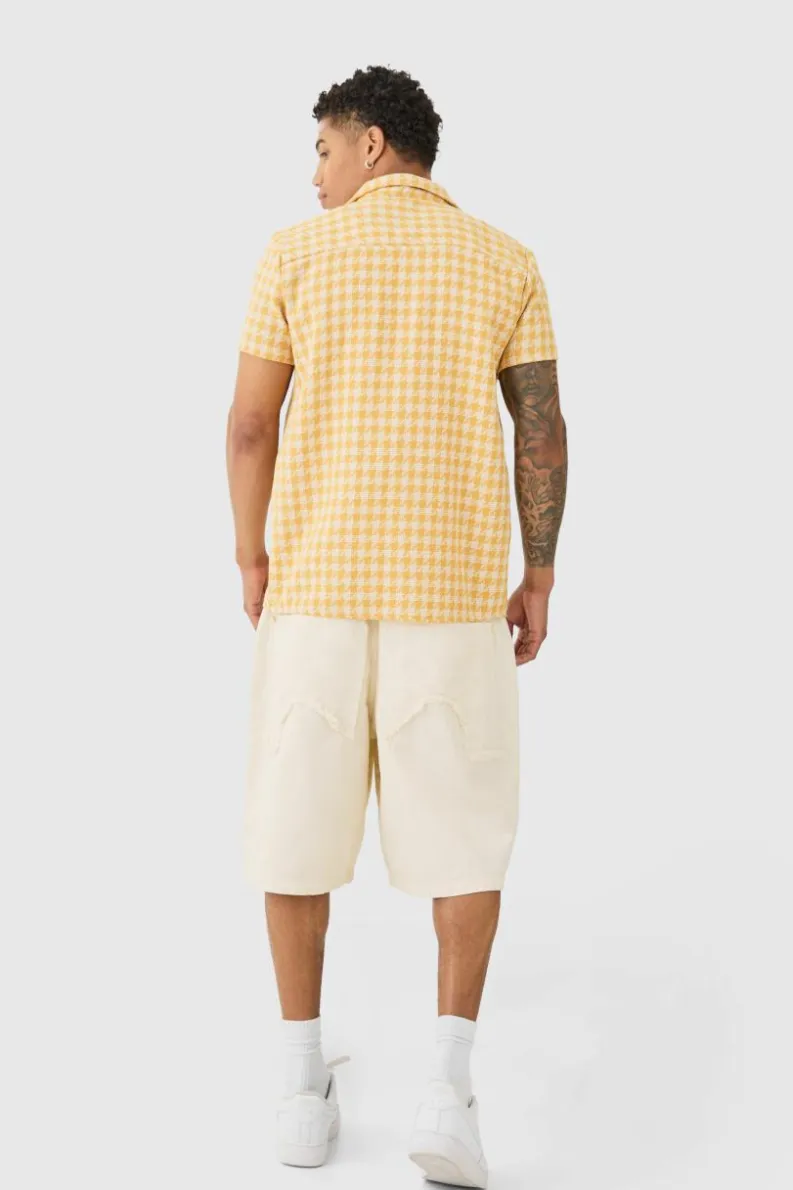 Sale boohooMAN Short Sleeve Linen Look Houndstooth Shirt mustard