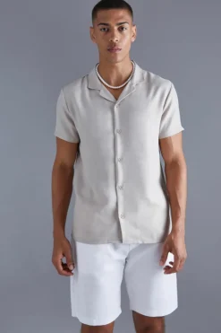 Sale boohooMAN Short Sleeve Linen Revere Shirt natural