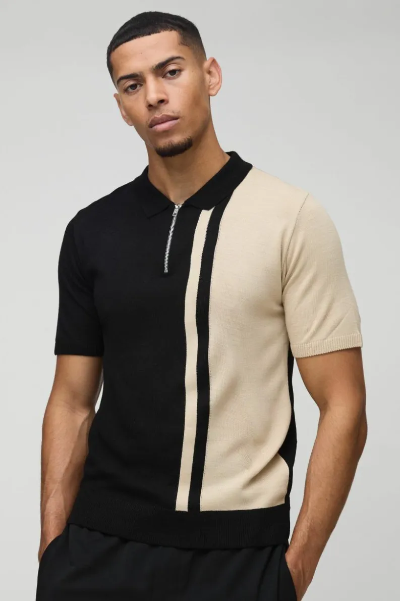 Outlet boohooMAN Short Sleeve Muscle Fit Colour Block Knit Polo black