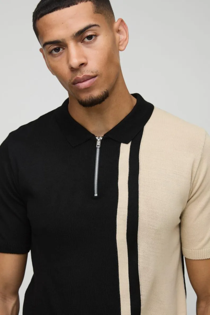 Outlet boohooMAN Short Sleeve Muscle Fit Colour Block Knit Polo black
