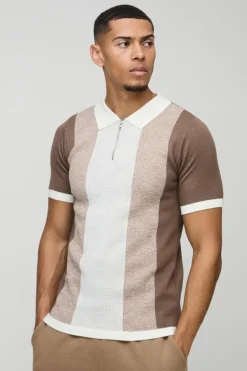Fashion boohooMAN Short Sleeve Muscle Fit Colour Block Knit Polo taupe