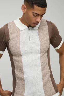 Fashion boohooMAN Short Sleeve Muscle Fit Colour Block Knit Polo taupe