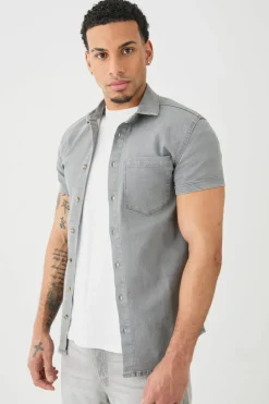 Clearance boohooMAN Short Sleeve Muscle Fit Denim Shirt mid grey