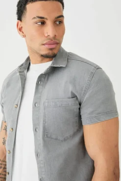 Clearance boohooMAN Short Sleeve Muscle Fit Denim Shirt mid grey