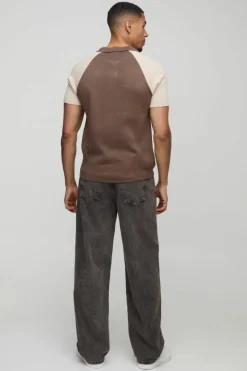 Hot boohooMAN Short Sleeve Muscle Fit Raglan Colour Block Knit Polo taupe