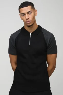 Discount boohooMAN Short Sleeve Muscle Fit Raglan Colour Block Knit Polo black