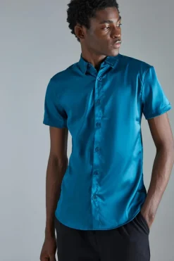 Hot boohooMAN Short Sleeve Muscle Satin Shirt teal