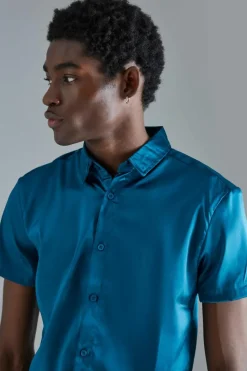 Hot boohooMAN Short Sleeve Muscle Satin Shirt teal