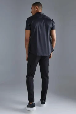 Fashion boohooMAN Short Sleeve Muscle Satin Shirt black