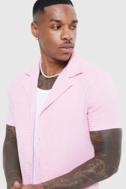 Cheap boohooMAN Short Sleeve Muscle Waffle Revere Shirt light pink