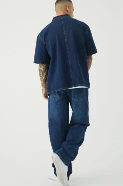 Clearance boohooMAN Short Sleeve Oversized Boxy Revere Denim Shirt indigo