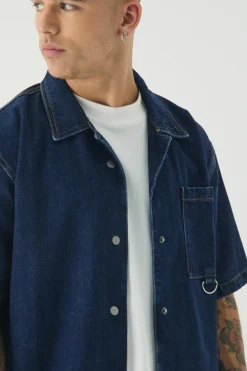Clearance boohooMAN Short Sleeve Oversized Boxy Revere Denim Shirt indigo