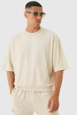 Clearance boohooMAN Short Sleeve Oversized Boxy Towelling Sweatshirt beige