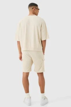 Clearance boohooMAN Short Sleeve Oversized Boxy Towelling Sweatshirt beige