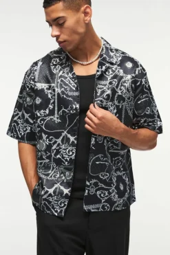 Sale boohooMAN Short Sleeve Oversized Printed Revere Shirt black