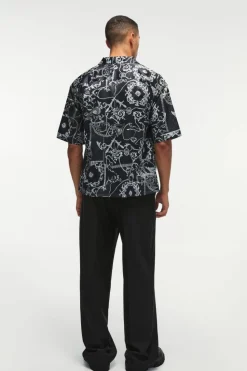 Sale boohooMAN Short Sleeve Oversized Printed Revere Shirt black