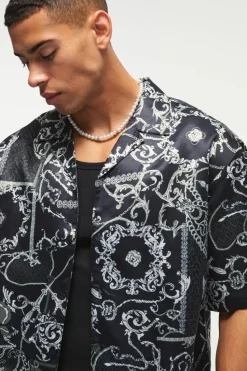 Sale boohooMAN Short Sleeve Oversized Printed Revere Shirt black