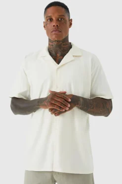 Cheap boohooMAN Short Sleeve Oversized Revere Jersey Shirt ecru