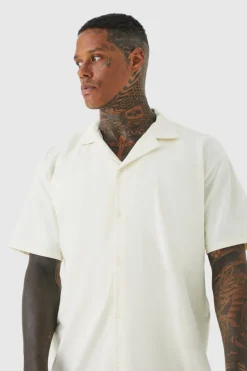 Cheap boohooMAN Short Sleeve Oversized Revere Jersey Shirt ecru