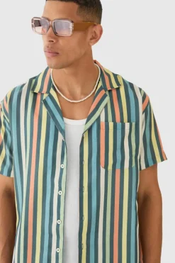 Online boohooMAN Short Sleeve Oversized Revere Stripe Shirt multi