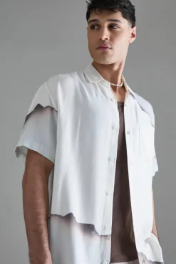 Hot boohooMAN Short Sleeve Oversized Viscose Blur Burnt Paper Shirt white