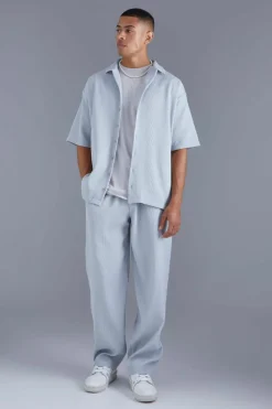 Cheap boohooMAN Short Sleeve Pleated Oversized Shirt grey