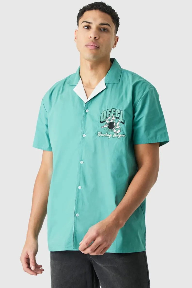 Hot boohooMAN Short Sleeve Poplin Oversized Offcl Bowling Shirt teal