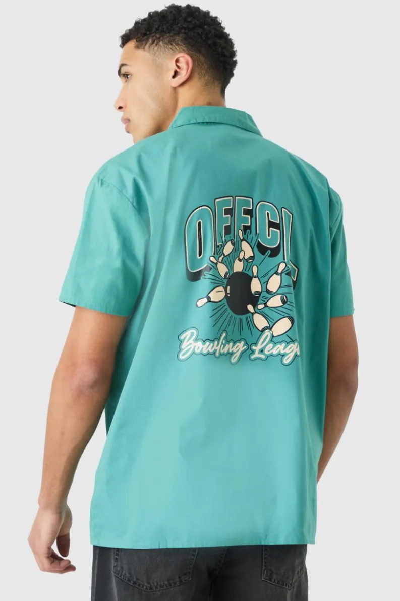 Hot boohooMAN Short Sleeve Poplin Oversized Offcl Bowling Shirt teal