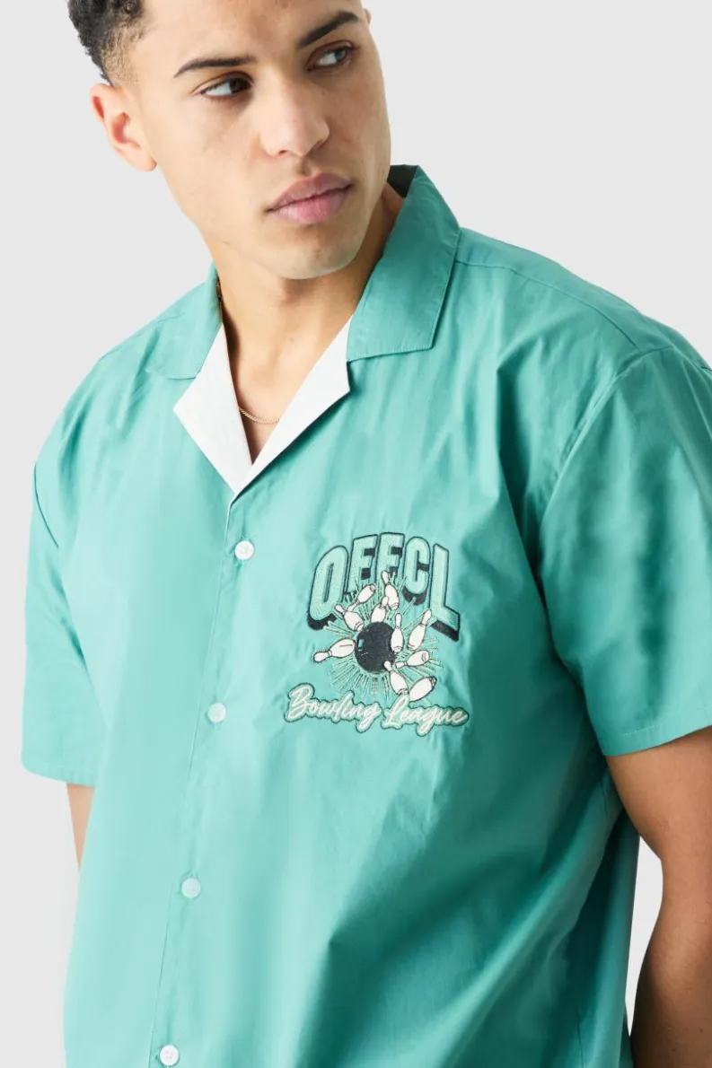 Hot boohooMAN Short Sleeve Poplin Oversized Offcl Bowling Shirt teal