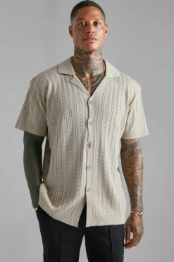 Clearance boohooMAN Short Sleeve Revere Cable Knit Shirt stone