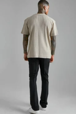 Clearance boohooMAN Short Sleeve Revere Cable Knit Shirt stone