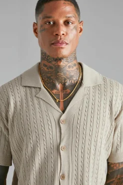 Clearance boohooMAN Short Sleeve Revere Cable Knit Shirt stone