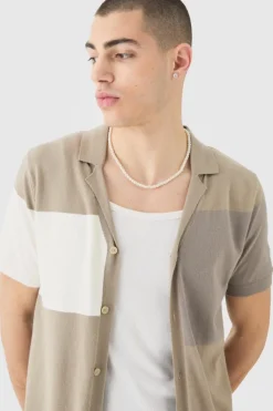 Hot boohooMAN Short Sleeve Revere Colour Block Knitted Shirt taupe