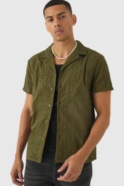 Outlet boohooMAN Short Sleeve Revere Embroidered Artwork Shirt khaki