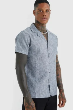 New boohooMAN Short Sleeve Revere Linen Look Shirt black